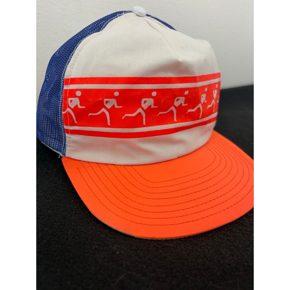 Vintage 80s Running Graphic Trucker Hat White Blue Orange Snapback Plastic Mesh